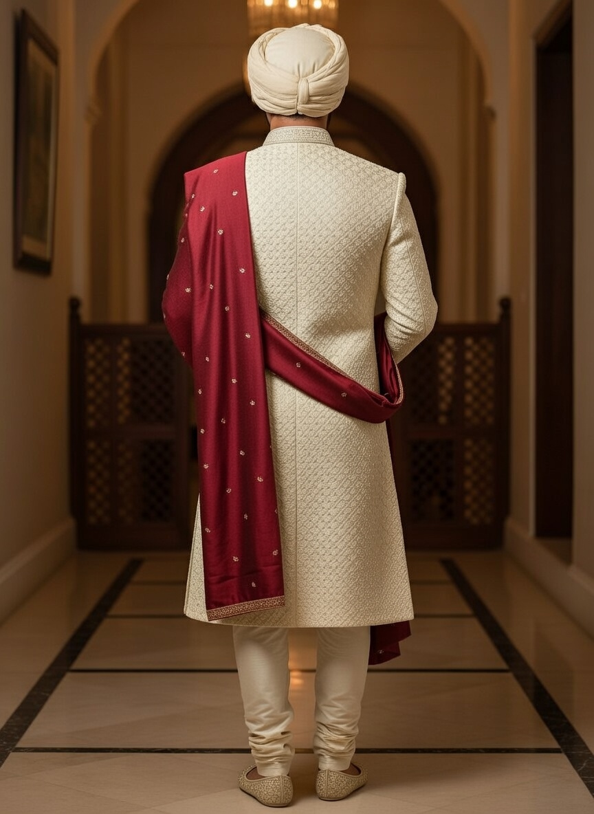 Embroidered Cream Sherwani