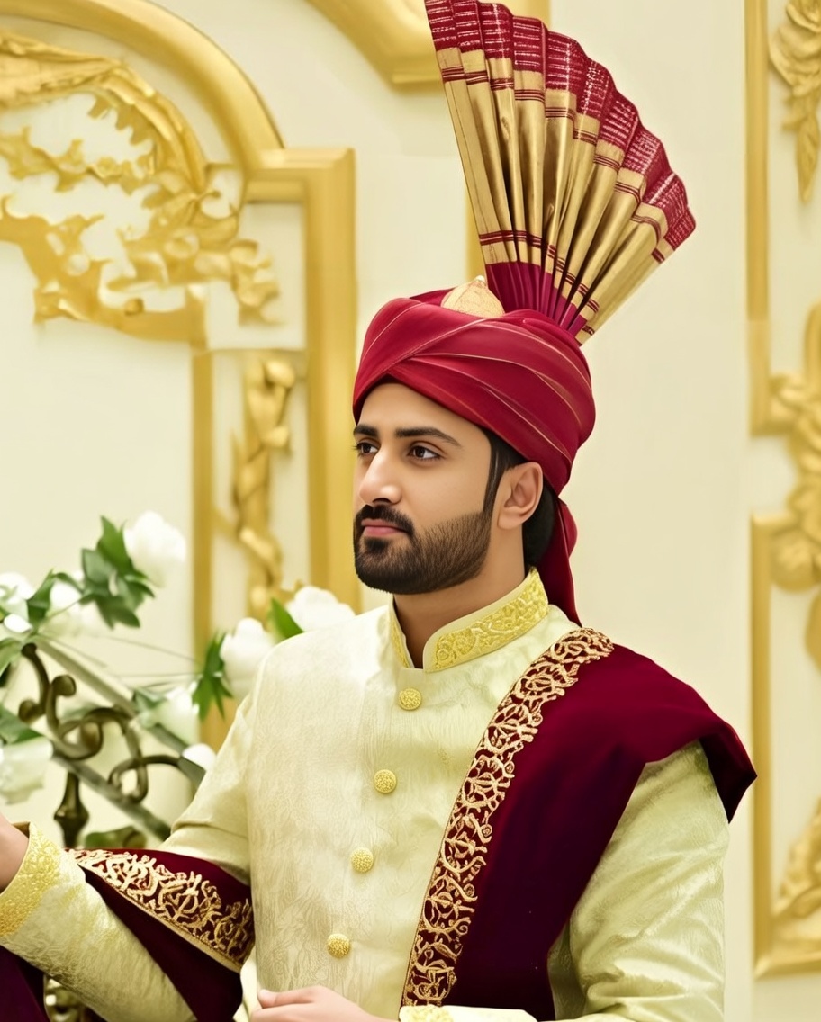 Cream and Maroon Sherwani with a Grand Turban.