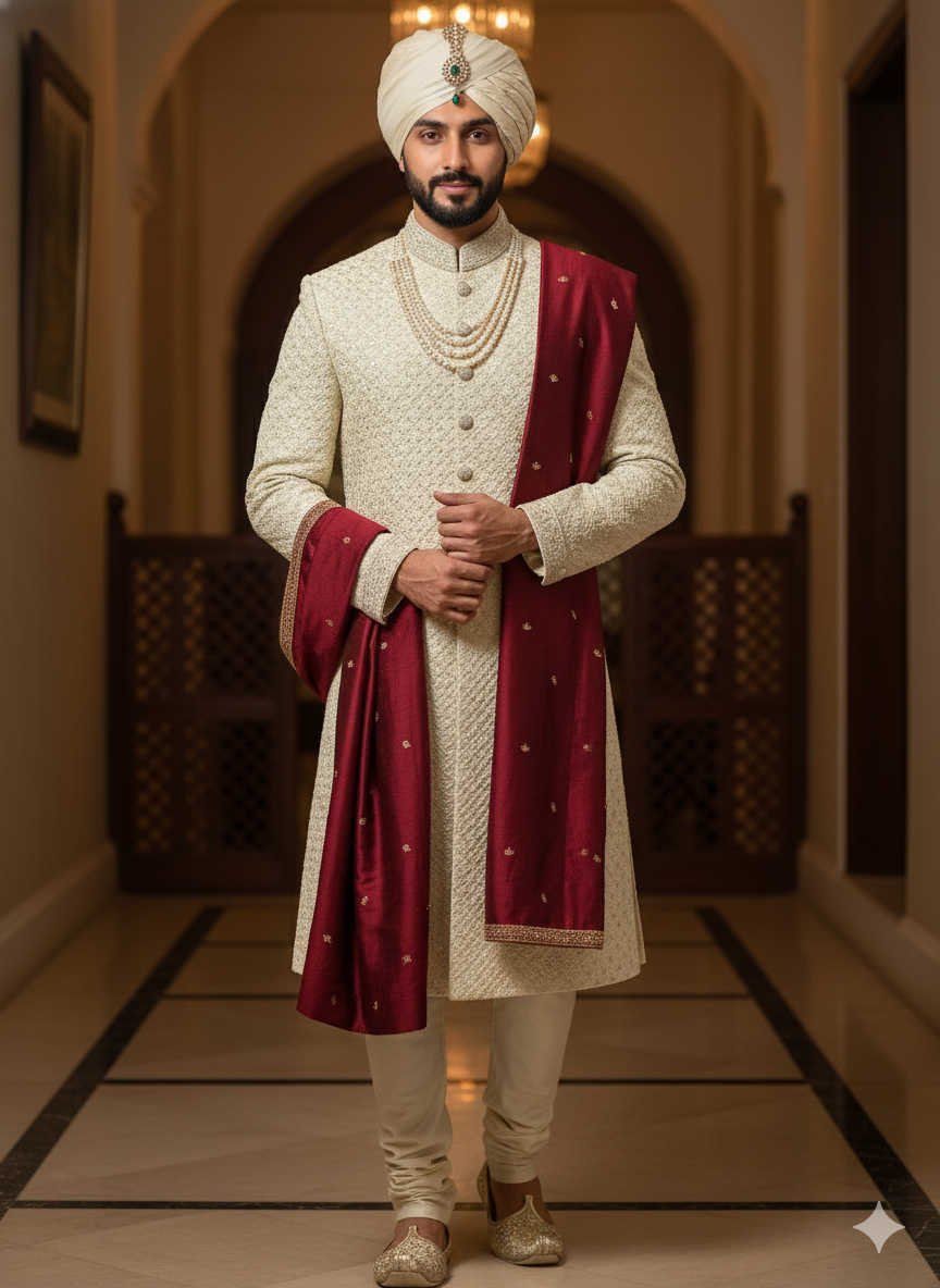 Embroidered Cream Sherwani