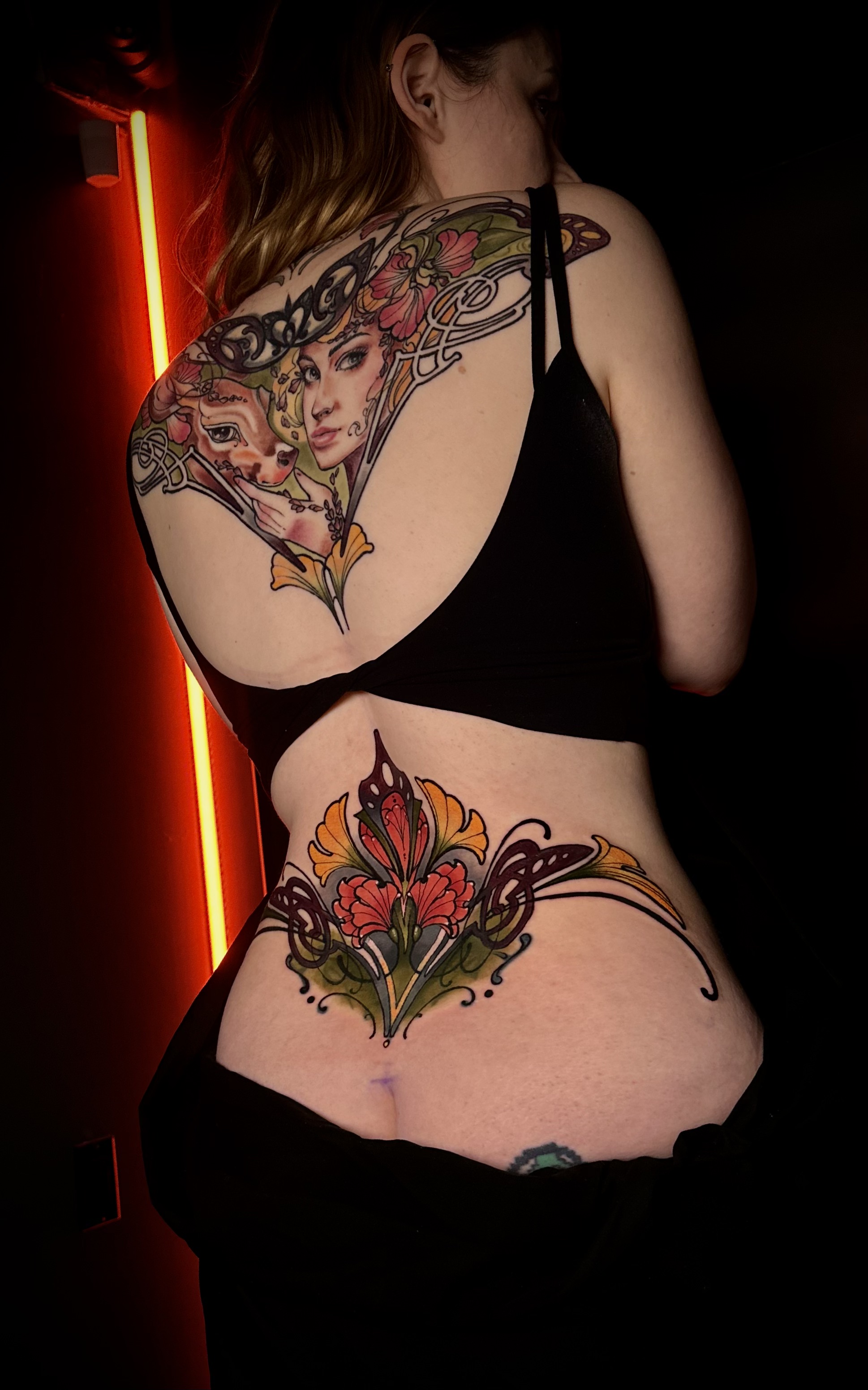 Custom NeoTraditional Floral Back Tattoo