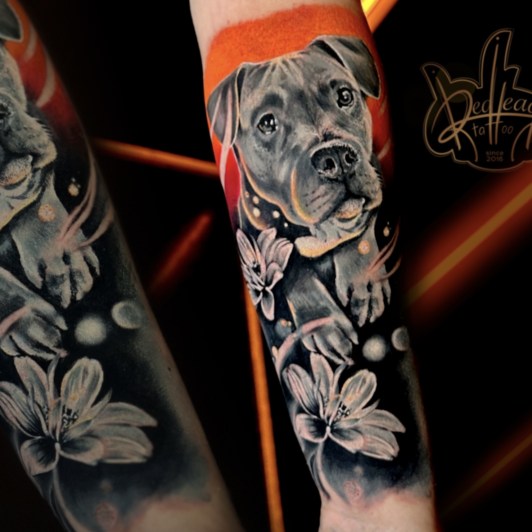 Realistic Dog and Flower Sleeve Tattoo