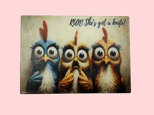 "Run!  She's Got a Knife" Glass Cutting Board