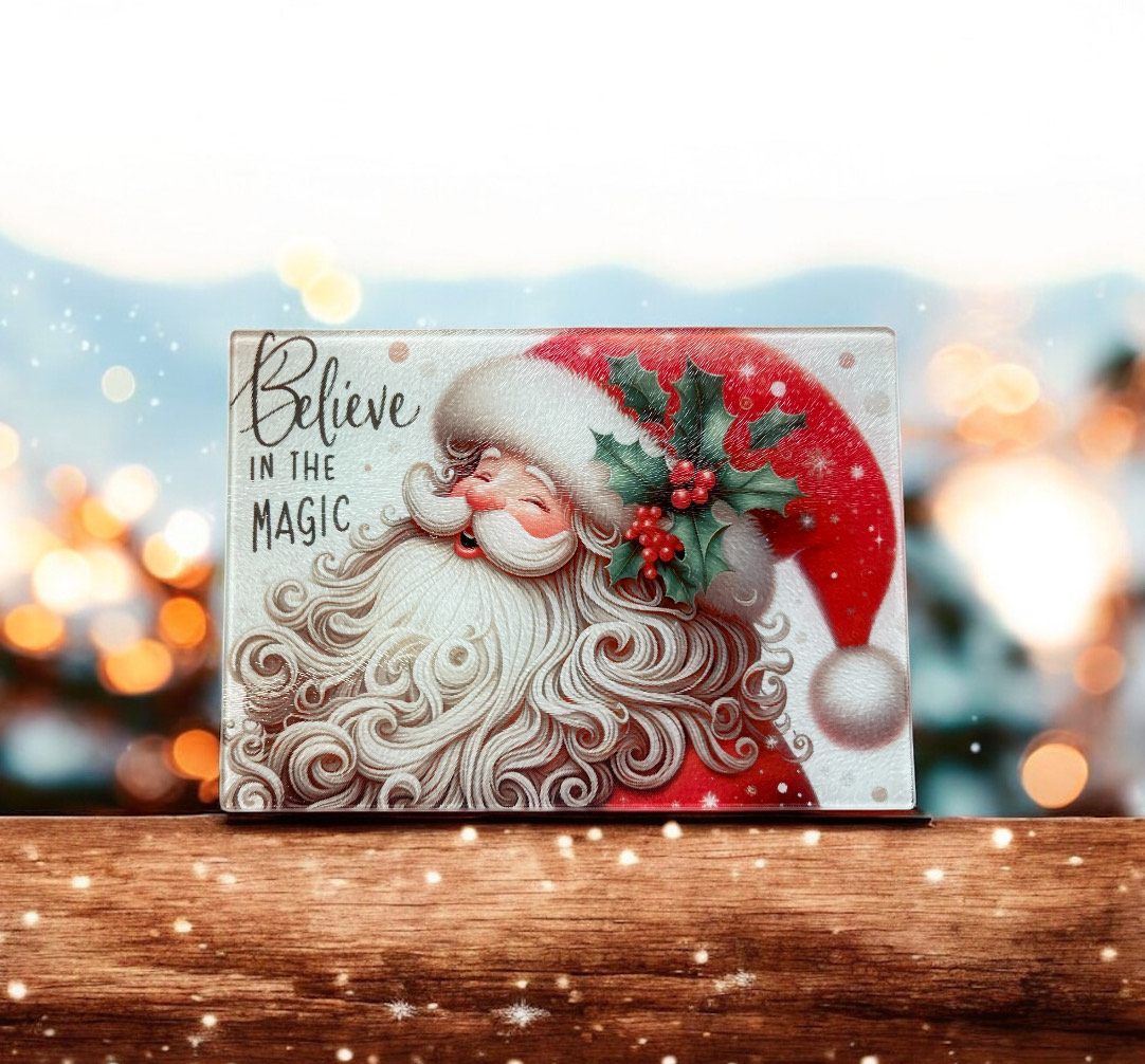 "Believe in the Magic" Santa Glass Cutting Board