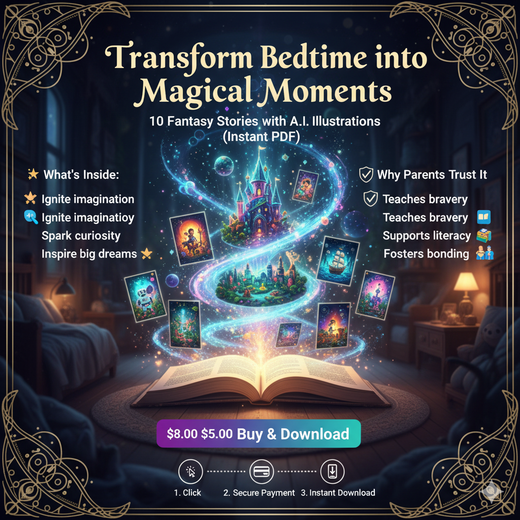 Transform Bedtime into Magical Moments – 10 Fantasy Stories with A.I. Illustrations (Instant PDF)