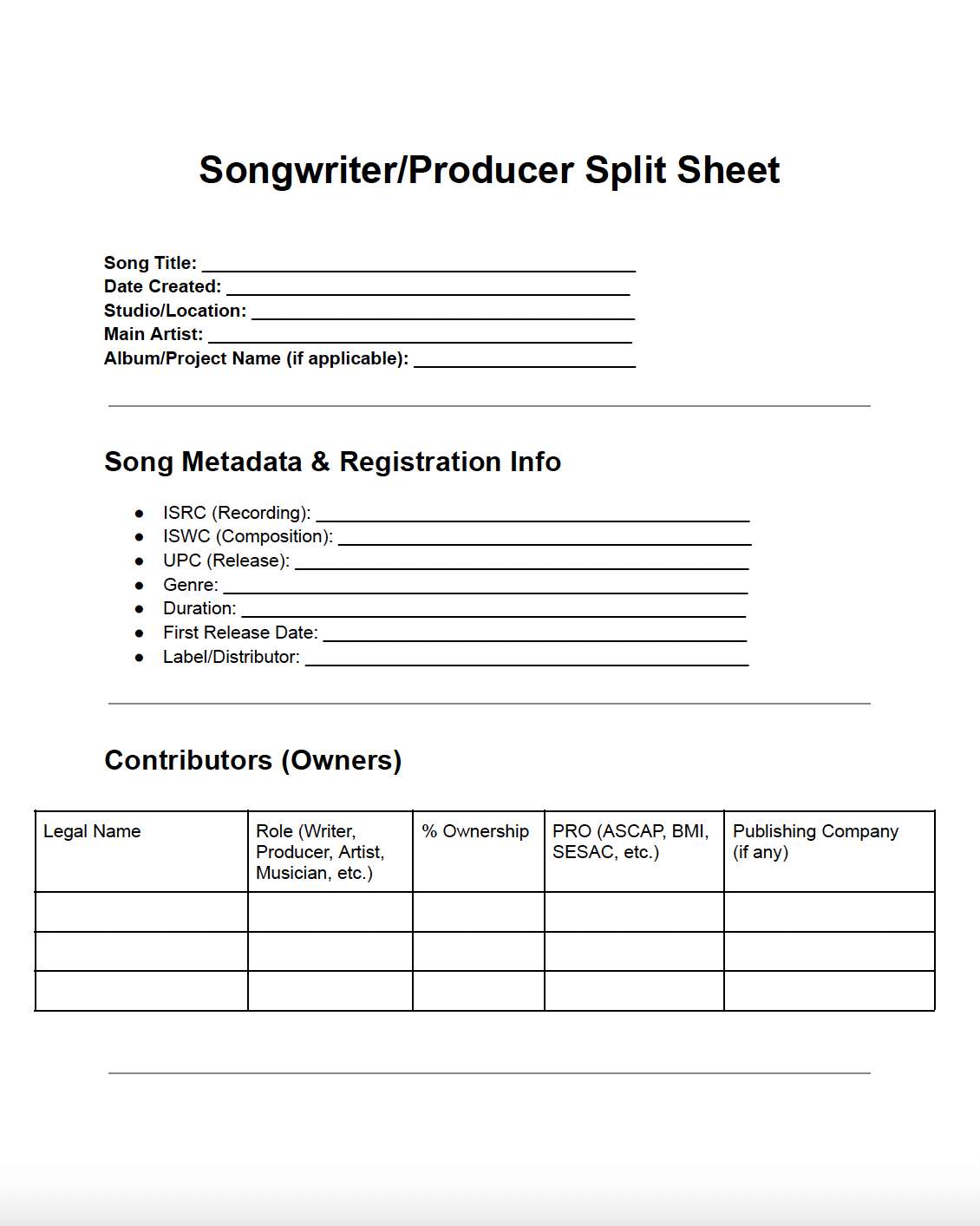 Songwriter Split Sheet