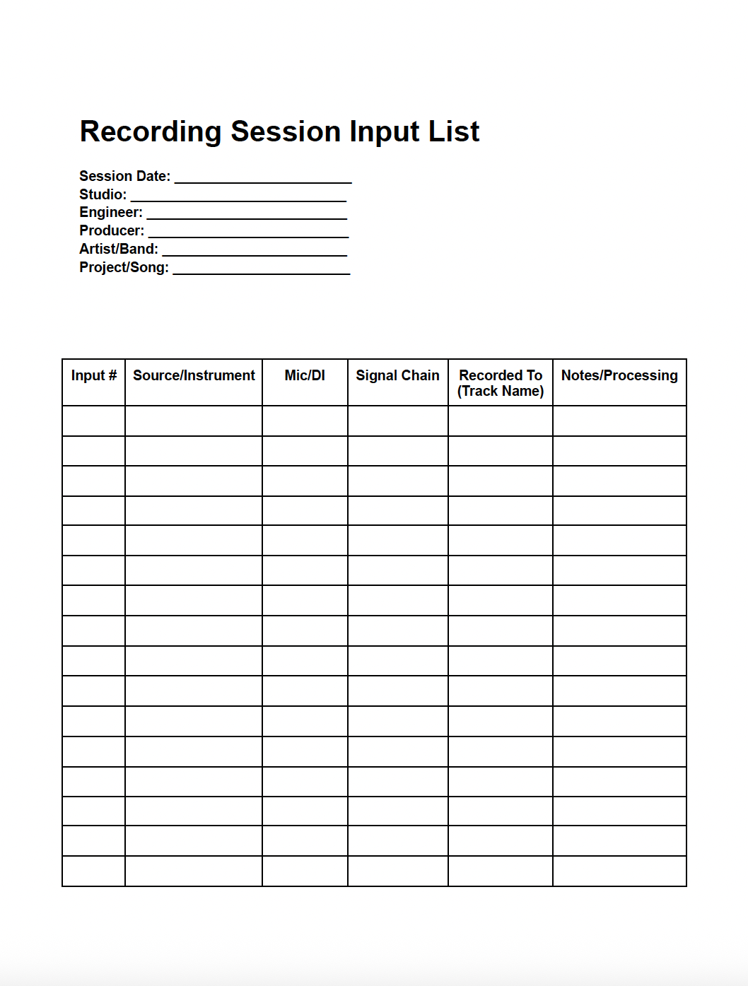 Recording Session Input List