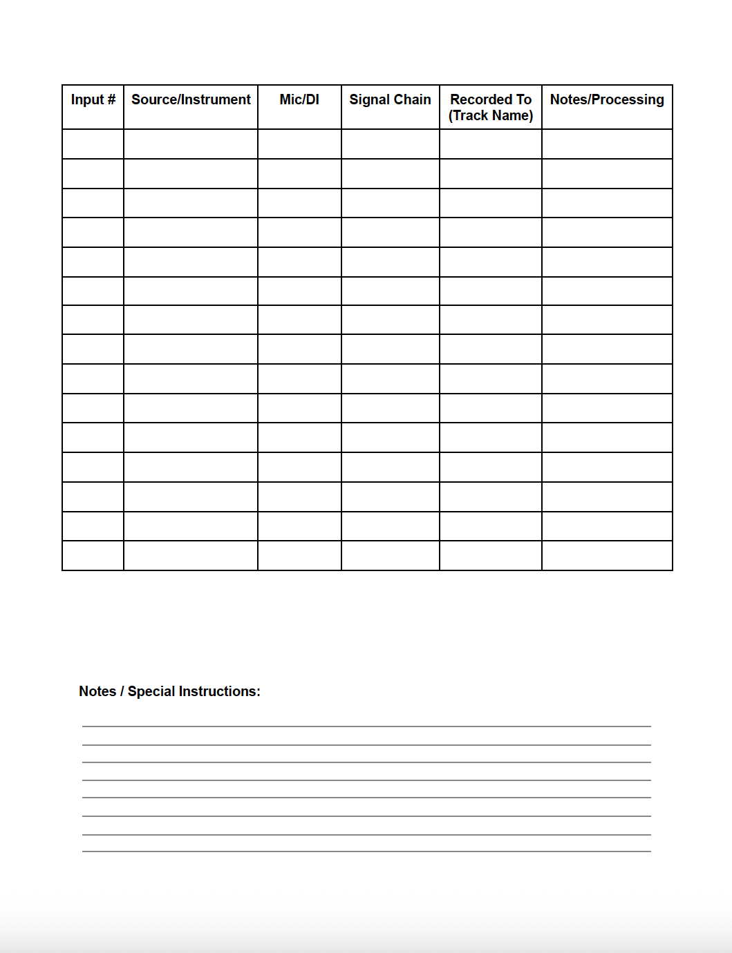 Recording Session Input List
