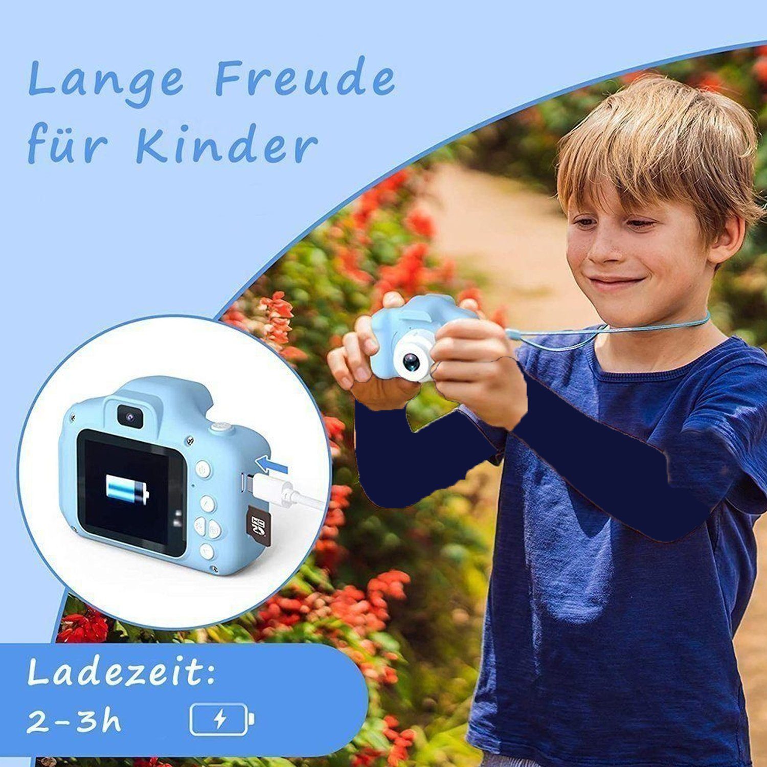 Kinder Kamera,mit 2.0-Zoll,Cartoon-Aufkleber,1080P HD 32GB,USB,blau || Children's camera, with 2.0-inch, cartoon stickers, 1080P HD 32GB, USB, blue