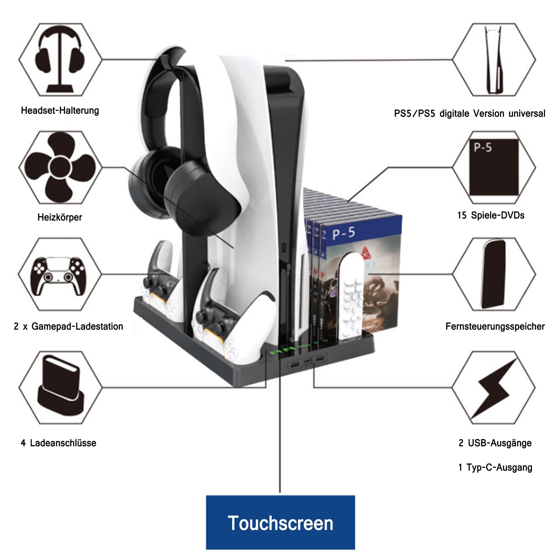 TEKOO PS5 Multifunktionaler Vertikalständer – mit Kühlgebläse, Ablagefächer || 