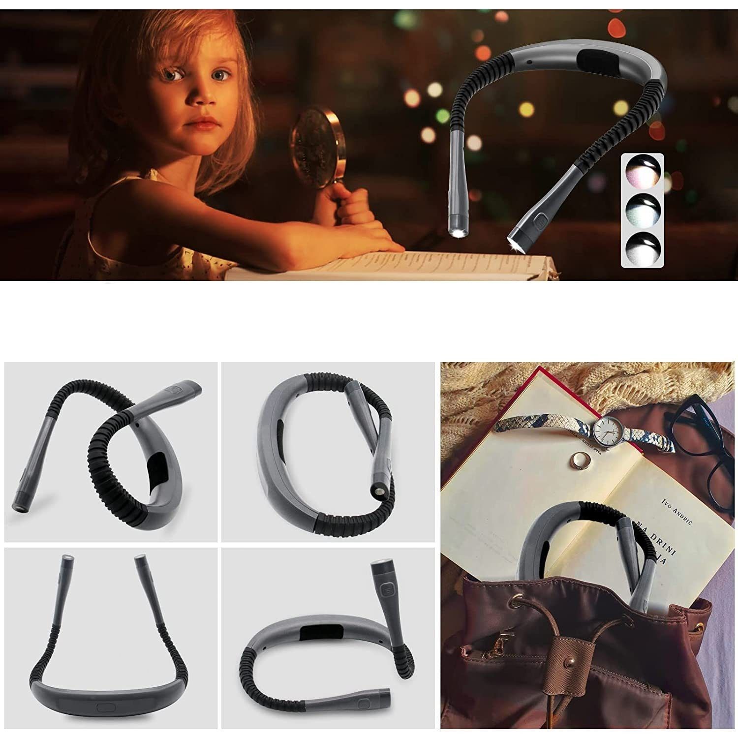 TEKOO Leselampe, Klemmleuchten Hals, 3 Farben und 3 Helligkeitsstufen, chwarz || TEKOO Reading Lamp, Clamp Lamps Neck, 3 Colours and 3 Brightness Levels, Black