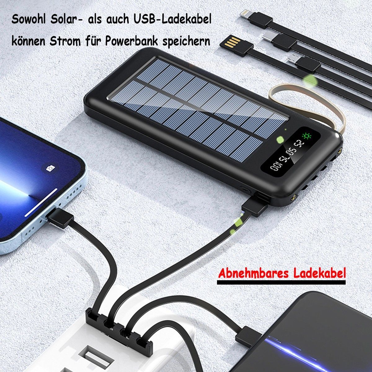 TEKOO Powerbank, Multifunktions-Charger , 4-in-1-Kabel (30000mAh, mit Solarpanel)