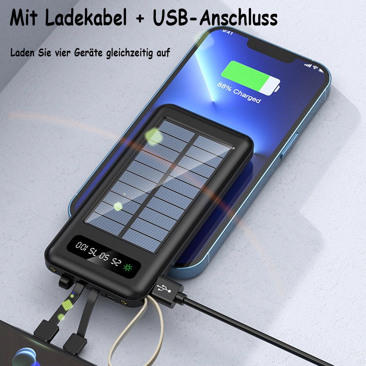 TEKOO Powerbank, Multifunktions-Charger , 4-in-1-Kabel (30000mAh, mit Solarpanel)