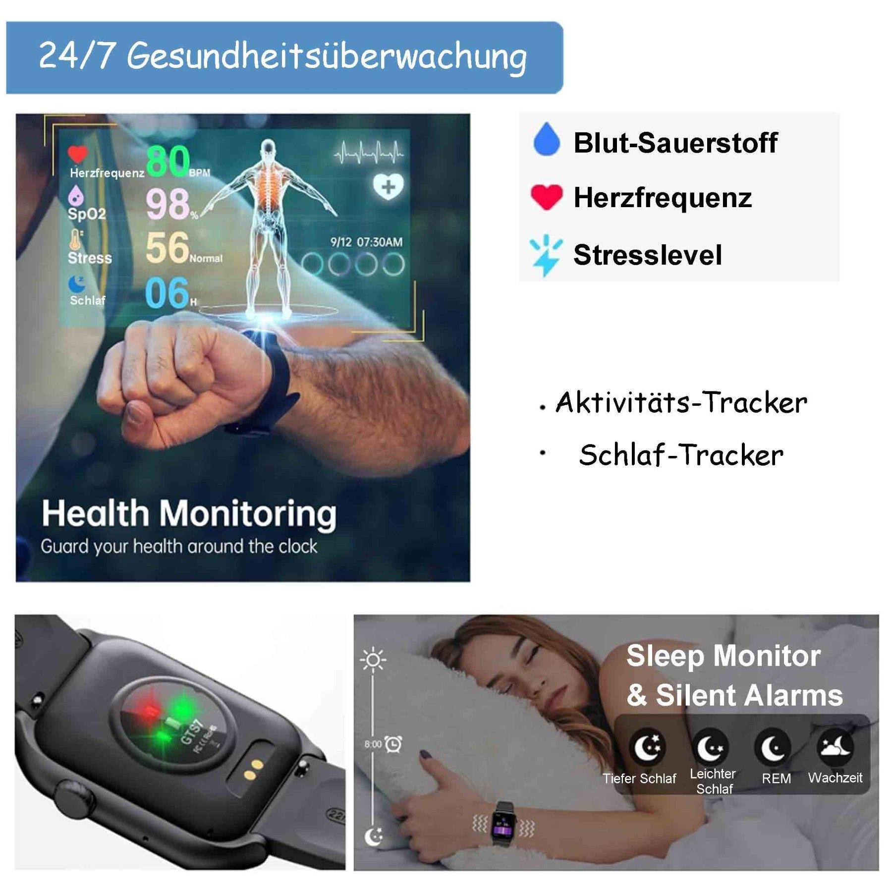Smartwatch, whatch, Herzfrequenz, Sauerstoffüberwachung, P67 wasserdicht || Smartwatch, whatch, heart rate, oxygen monitoring, P67 waterproof