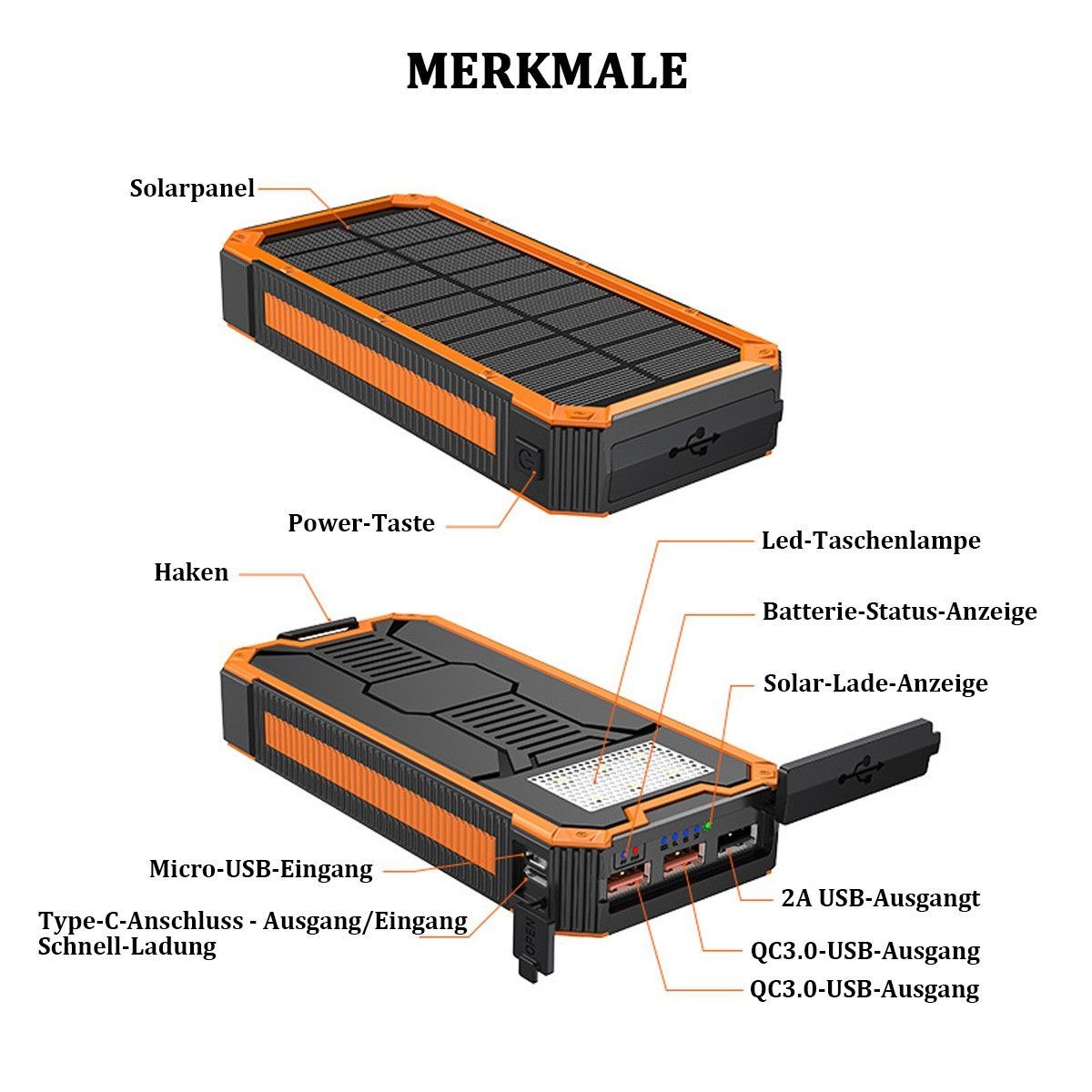 Powerbank, Ladebank, Solar Wiederaufladbar, XN-888KW, Schwarz || Power Bank, Charging Bank, Solar Rechargeable, XN-888KW, Black
