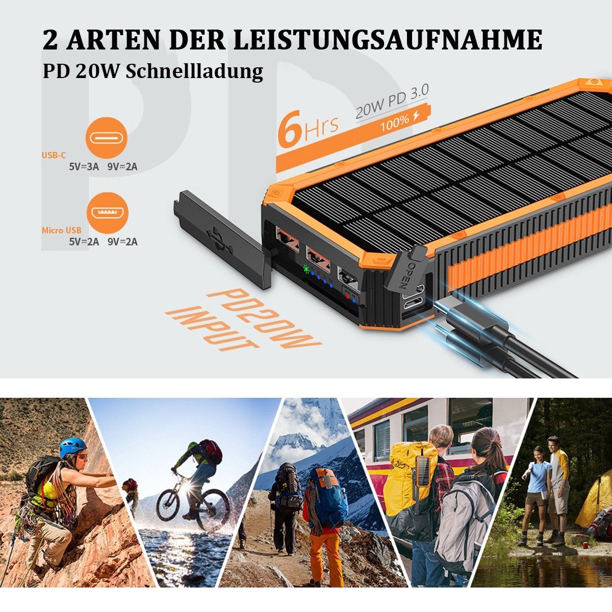 Powerbank, Ladebank, Solar Wiederaufladbar, XN-888KW, Schwarz || Power Bank, Charging Bank, Solar Rechargeable, XN-888KW, Black