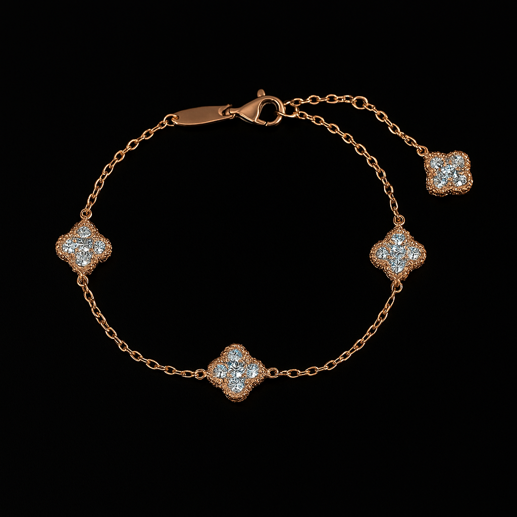 Custom Four Petel Flower Bracelets VVS1 D Moissanite .925 Sterling SIlver 