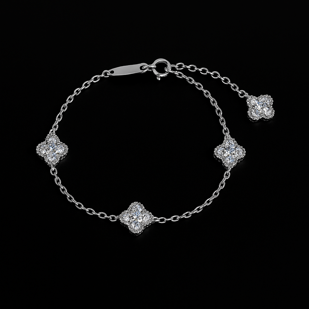 Custom Four Petel Flower Bracelets VVS1 D Moissanite .925 Sterling SIlver 