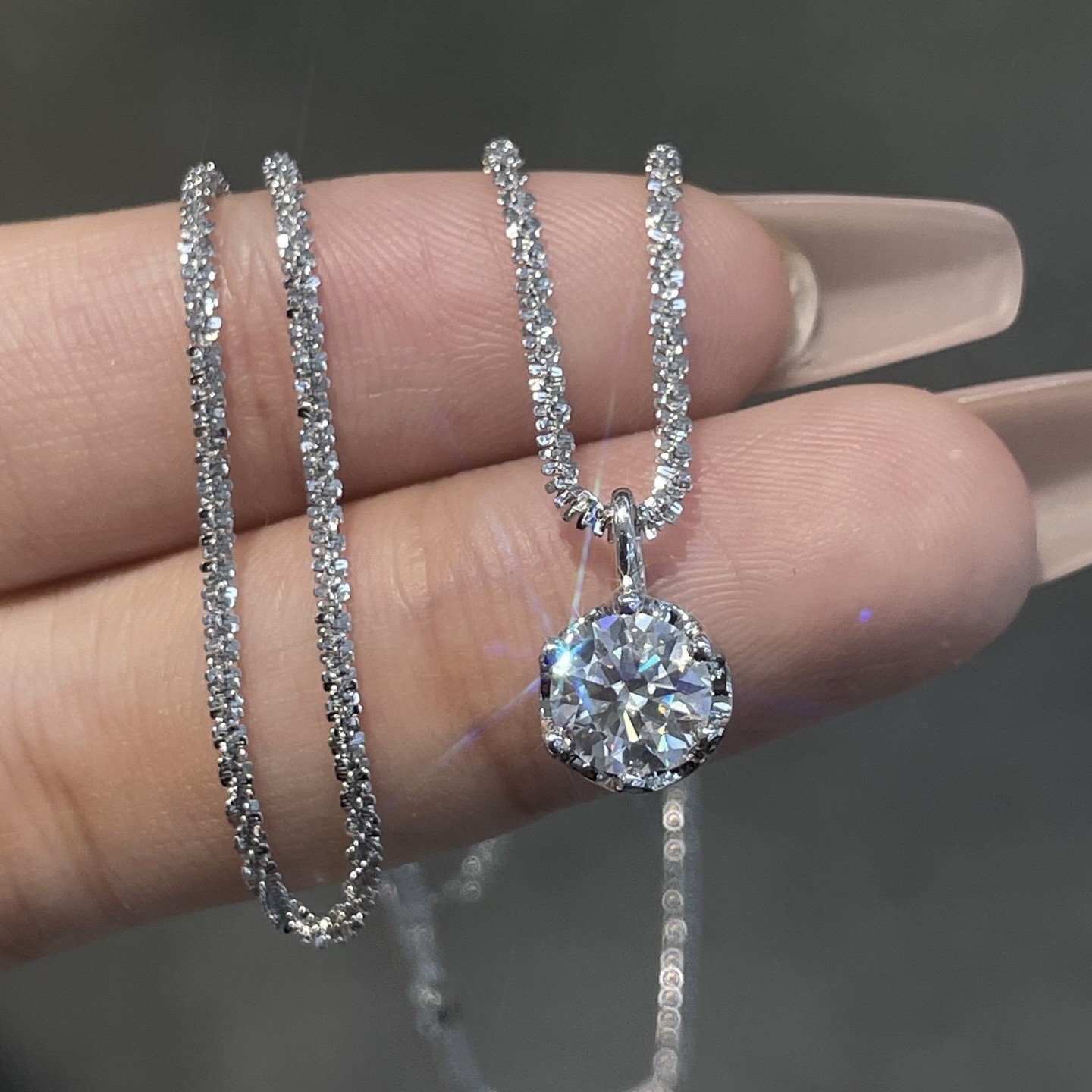 Brilliant VVS1 D Moissanite 1ct Solitaire Pendant on .925 Diamond Cut Chain