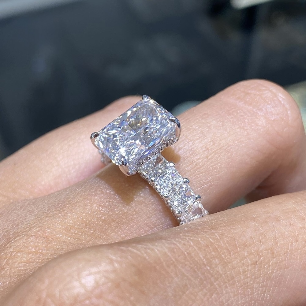 Baguette Cut Eternity Moissanite VVS1 D Color Engagement Ring .925 Sterling Silver Side-Stone Setting 