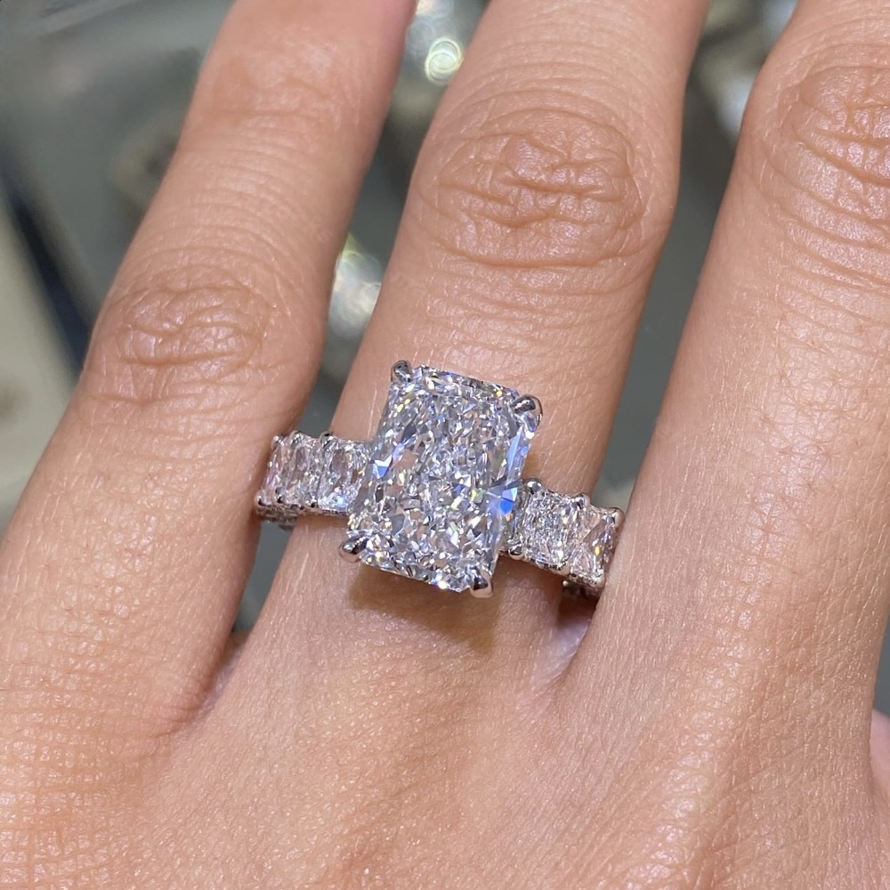 Baguette Cut Eternity Moissanite VVS1 D Color Engagement Ring .925 Sterling Silver Side-Stone Setting