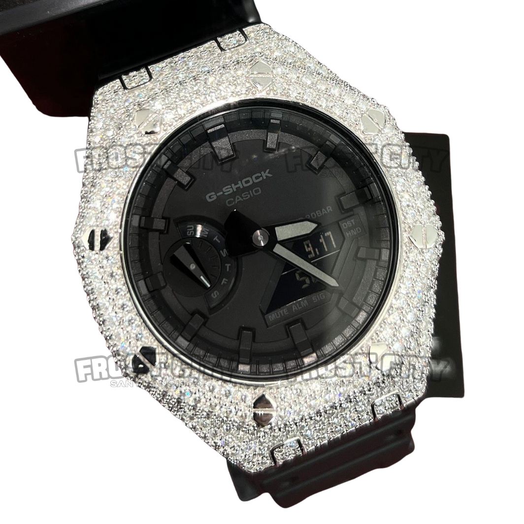 Custom G-Shock GA2100 Fully Iced Moissanite Bezel .925 Sterling Silver Rhodium Plated