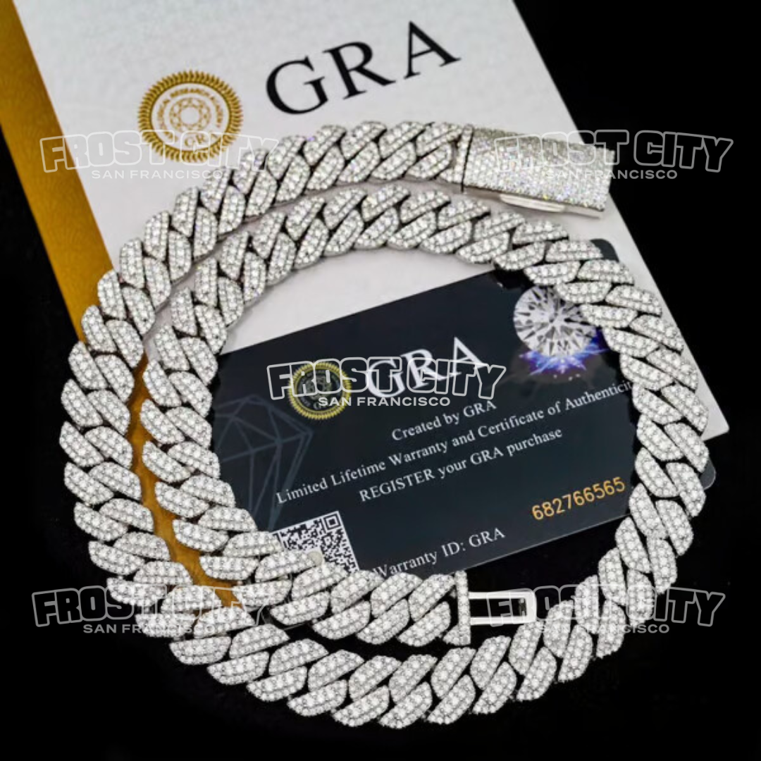 13MM 3 Row Iced Prong Solid Cuban Chain VVS1 D Moissanite .925 Sterling Silver Rhodium Plated