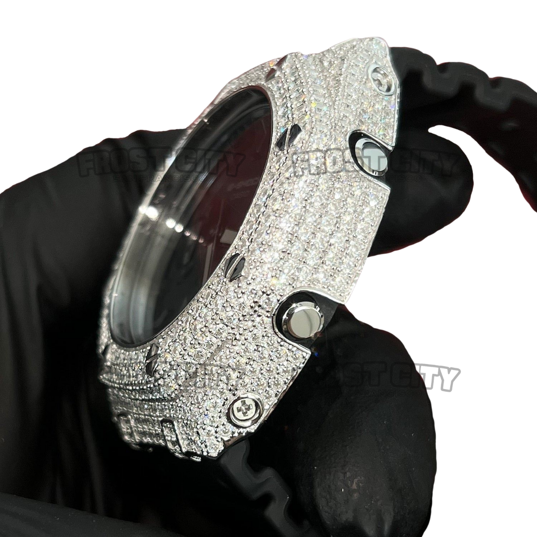 Custom G-Shock GA2100 Fully Iced Moissanite Bezel .925 Sterling Silver Rhodium Plated