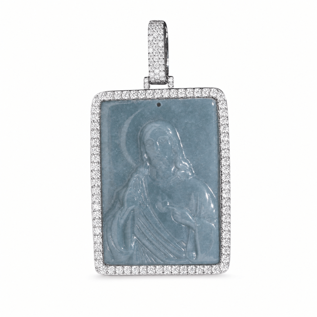 Jesus Pendant Large Square Natural Jade Jadeite VVS1 D Moissanite .925 Sterling Silver 