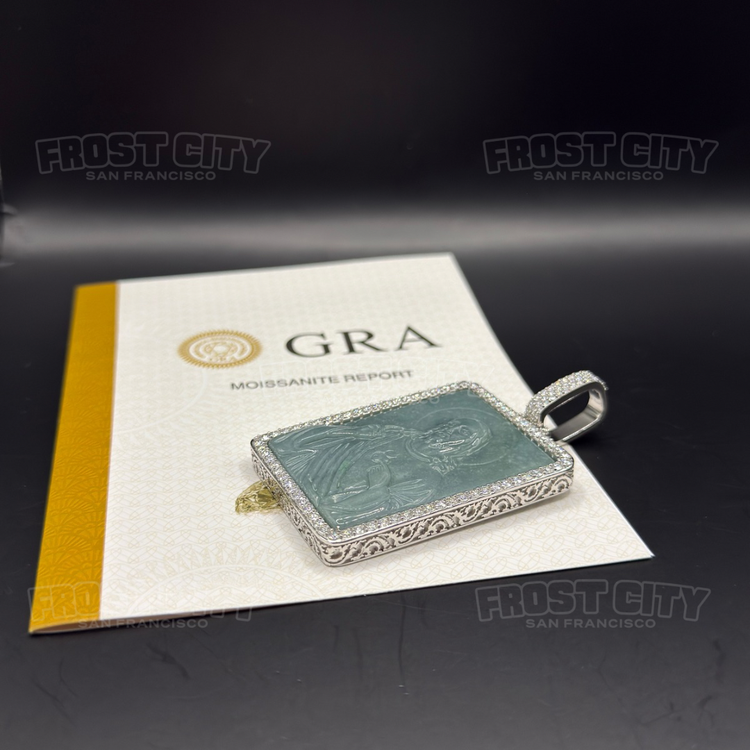 Jesus Pendant Large Square Natural Jade Jadeite VVS1 D Moissanite .925 Sterling Silver 