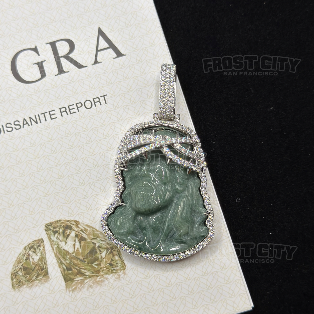 Large Jesus Pendant .925 Sterling Silver Natural Jade Jadeite VVS1 D Moissanite