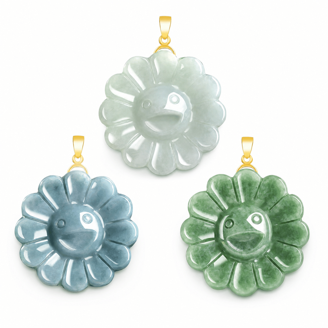 Smile Flower Natural Grade A Jade Pendant .925 Sterling Silver