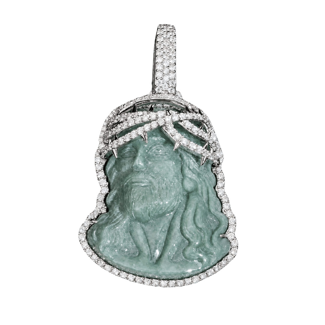 Large Jesus Pendant .925 Sterling Silver Natural Jade Jadeite VVS1 D Moissanite