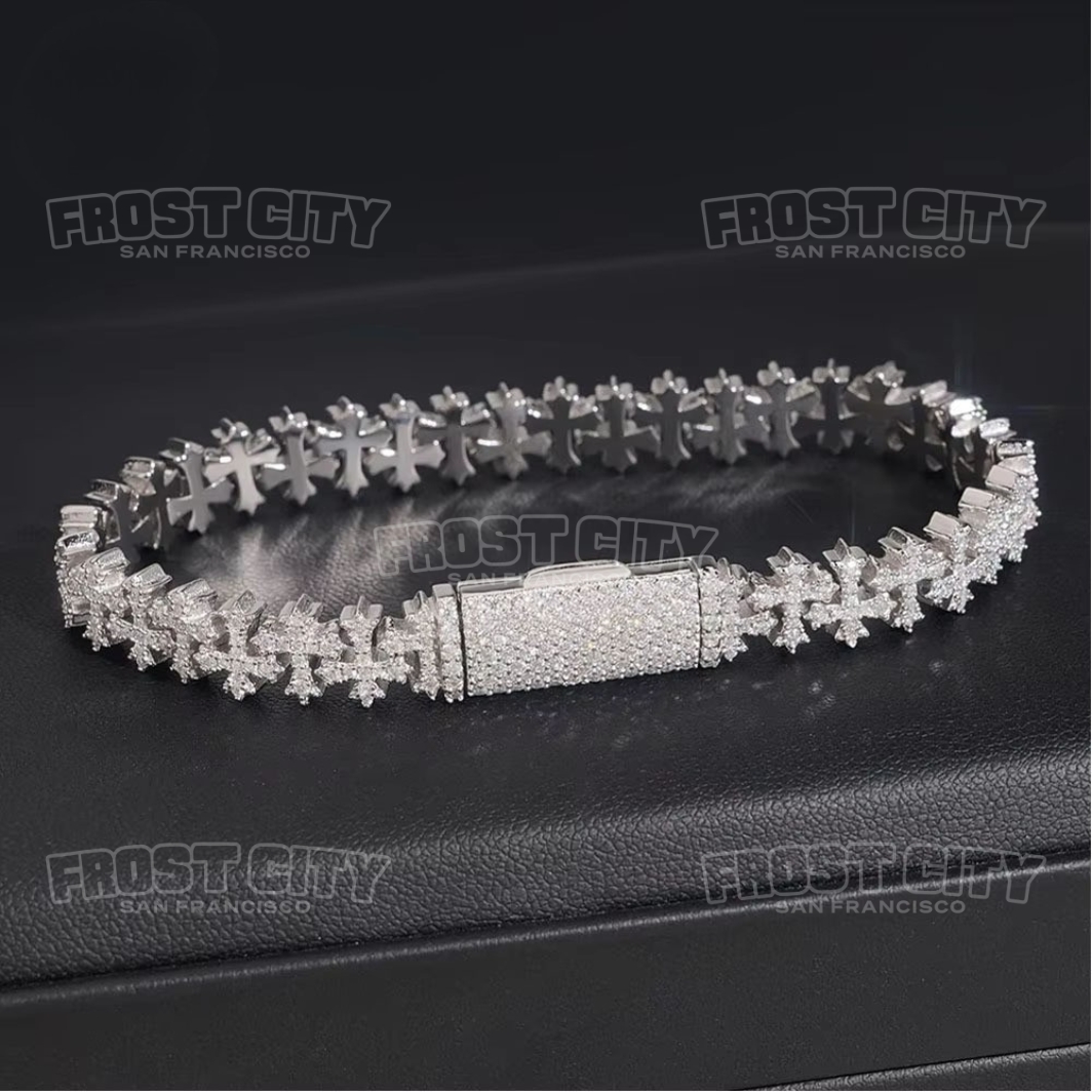 8MM 3D Cross Link VVS1 D Moissanite Bracelet .925 Sterling Silver Rhodium Plated