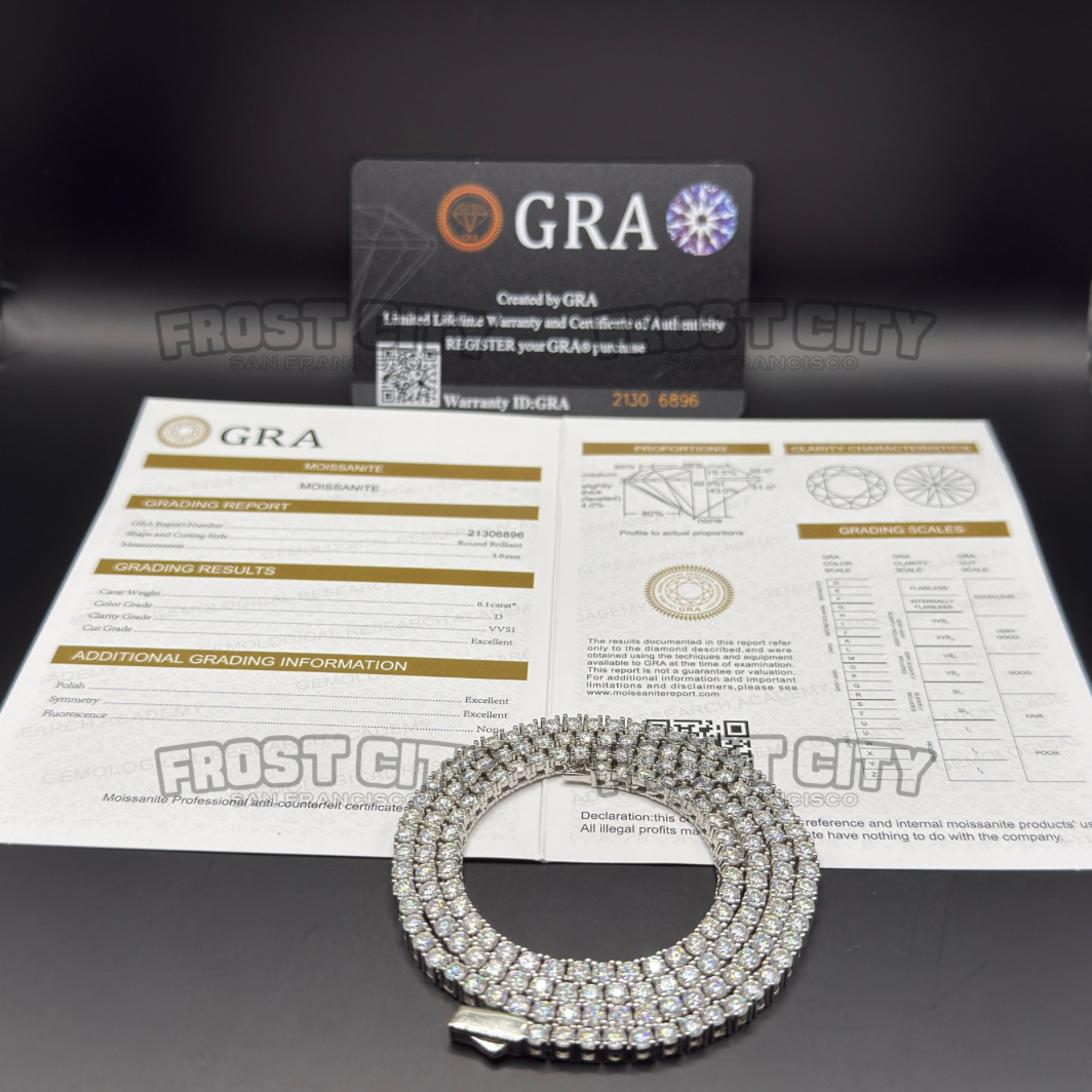 3MM Tennis Chain VVS1 D Color Moissanite .925 Sterling Silver Rhodium Plated