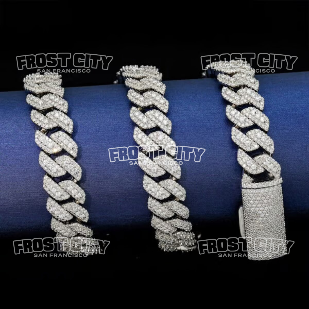 13MM 3 Row Iced Prong Solid Cuban Chain VVS1 D Moissanite .925 Sterling Silver Rhodium Plated