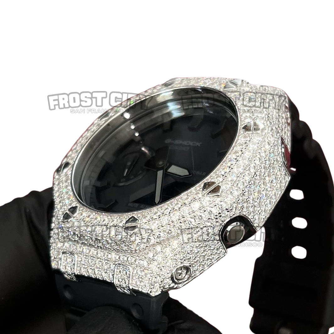 Custom G-Shock GA2100 Fully Iced Moissanite Bezel .925 Sterling Silver Rhodium Plated