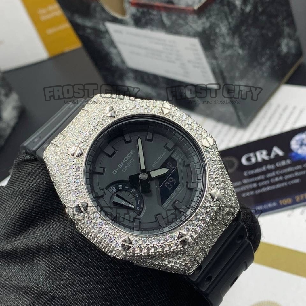 Custom G-Shock GA2100 Fully Iced Moissanite Bezel .925 Sterling Silver Rhodium Plated