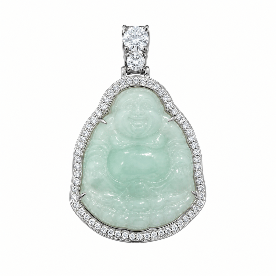 Jade Buddha Pendant Natrual Jade Jadeite VVS1 D Moissanite .925 Sterling Silver