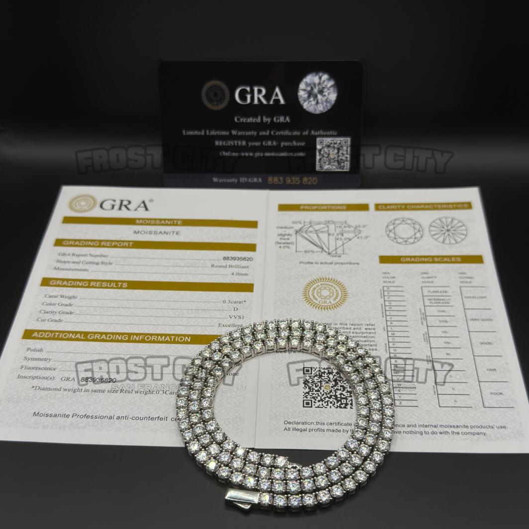 4MM Tennis Chain VVS1 D Color Moissanite .925 Sterling Silver Rhodium Plated