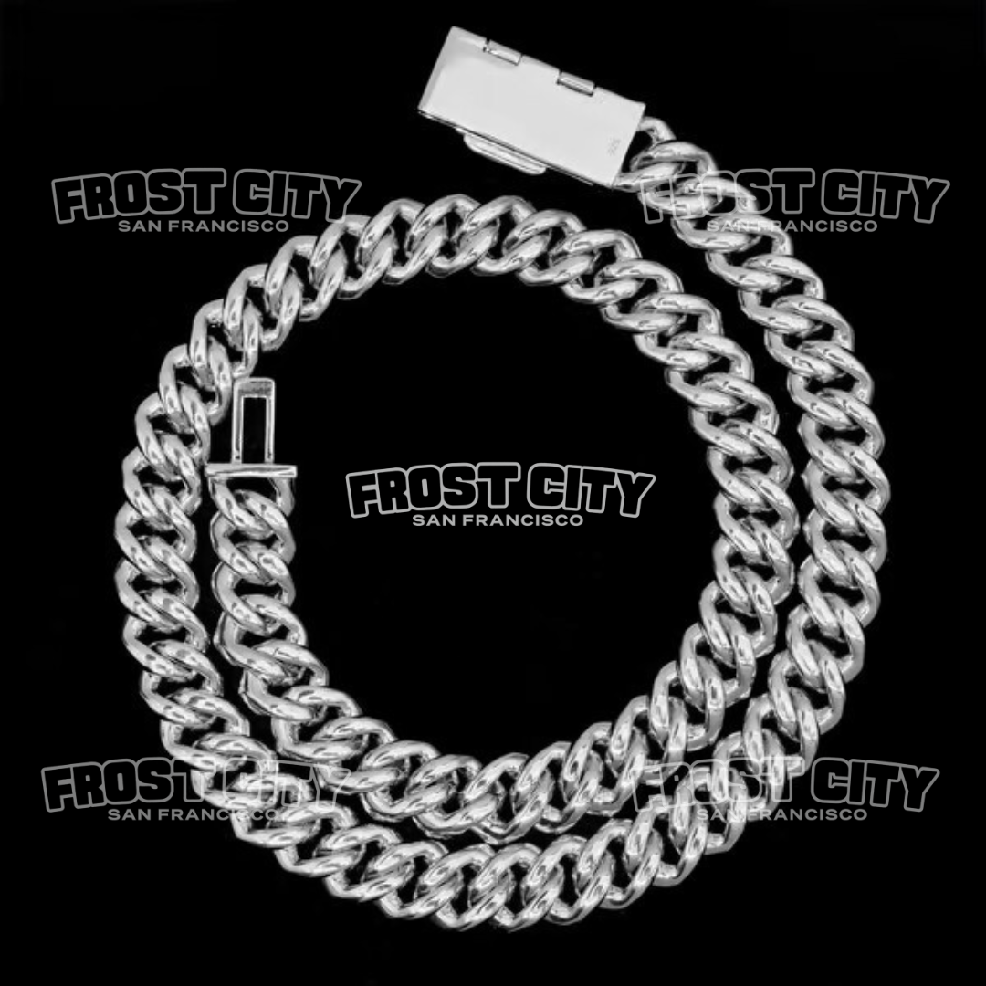 13MM 3 Row Iced Prong Solid Cuban Chain VVS1 D Moissanite .925 Sterling Silver Rhodium Plated