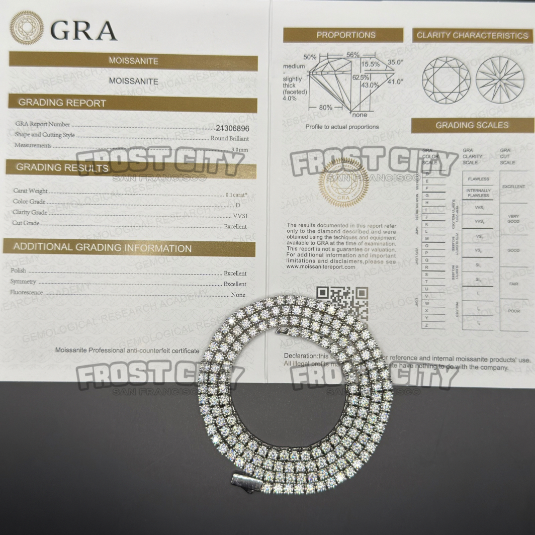 3MM Tennis Chain VVS1 D Color Moissanite .925 Sterling Silver Rhodium Plated