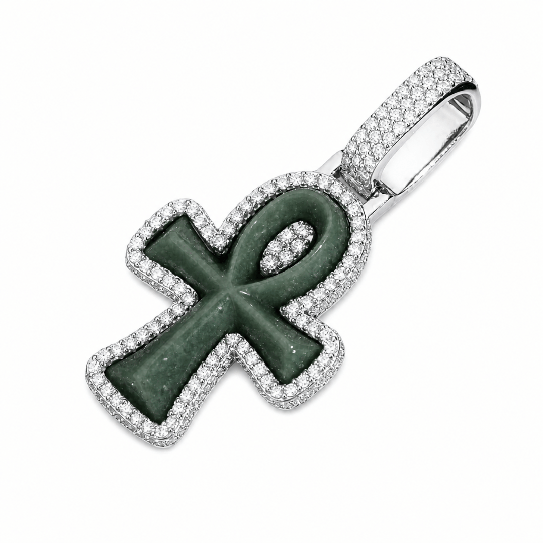 Ankh Cross Pendant Natural Jade Jadeite .925 Sterling Silver VVS1 D Moissanite Accents