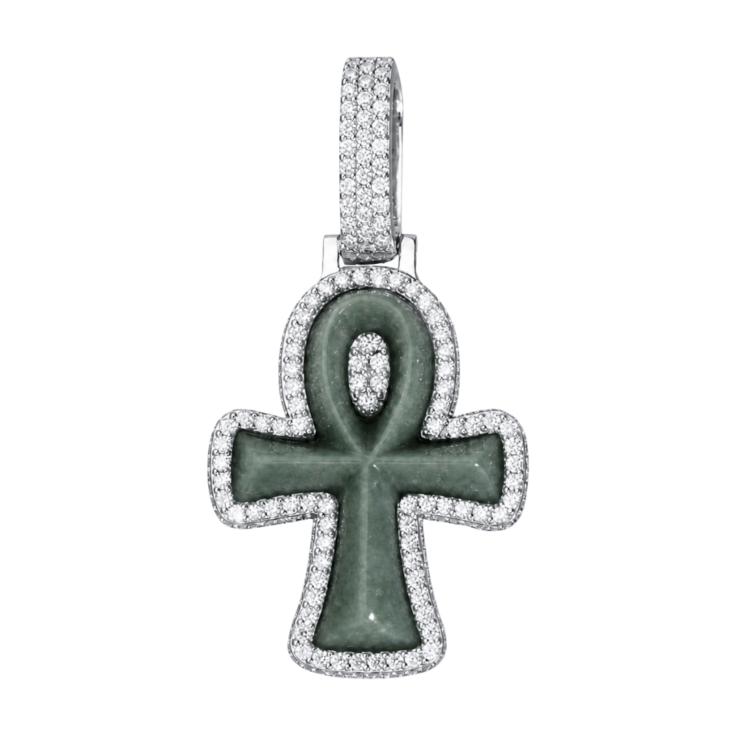 Ankh Cross Pendant Natural Jade Jadeite .925 Sterling Silver VVS1 D Moissanite Accents