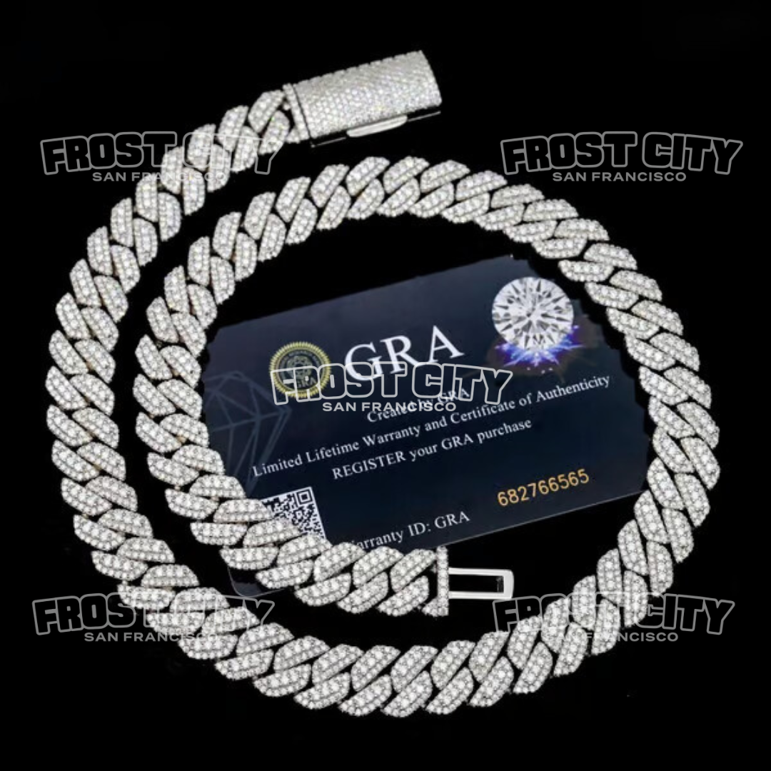 13MM 3 Row Iced Prong Solid Cuban Chain VVS1 D Moissanite .925 Sterling Silver Rhodium Plated