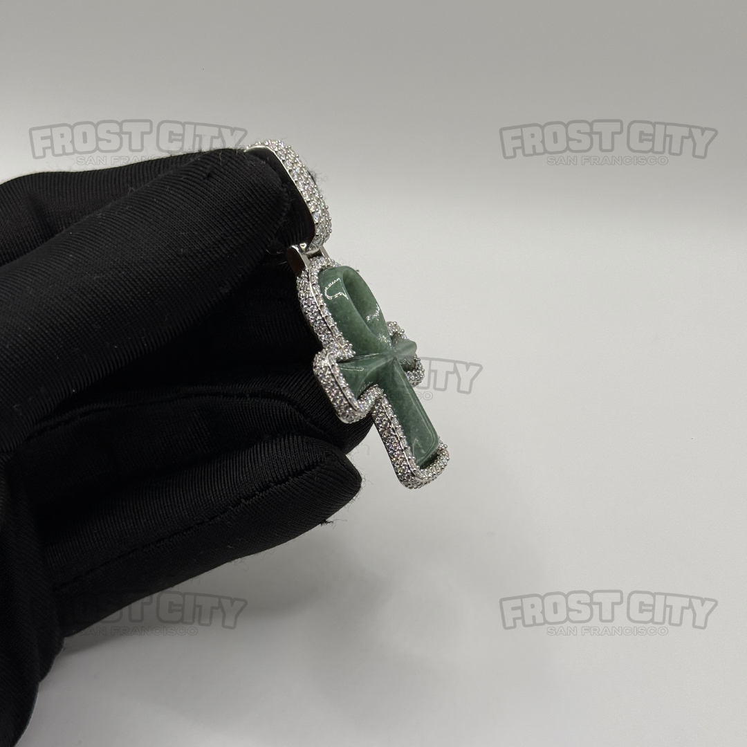 Ankh Cross Pendant Natural Jade Jadeite .925 Sterling Silver VVS1 D Moissanite Accents