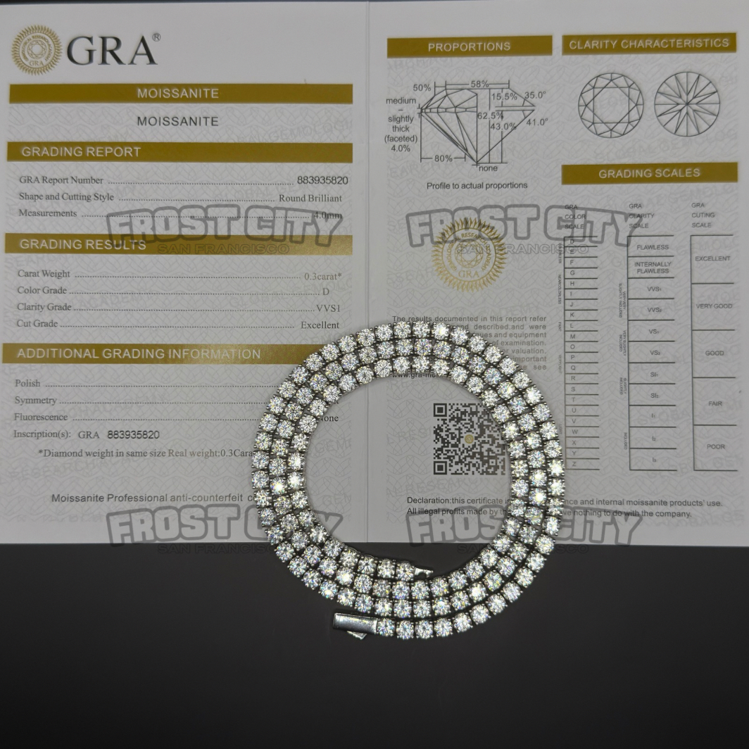 4MM Tennis Chain VVS1 D Color Moissanite .925 Sterling Silver Rhodium Plated