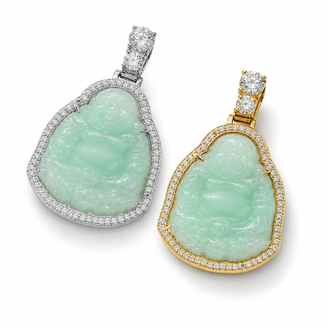 Jade Buddha Pendant Natrual Jade Jadeite VVS1 D Moissanite .925 Sterling Silver