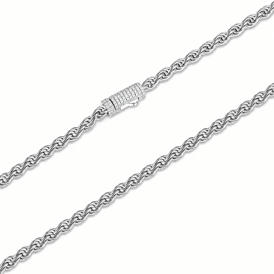Rope Chain with Iced Spring Clasp Rhodium Plated .925 Sterling Silver VVS1 D Moissanite 