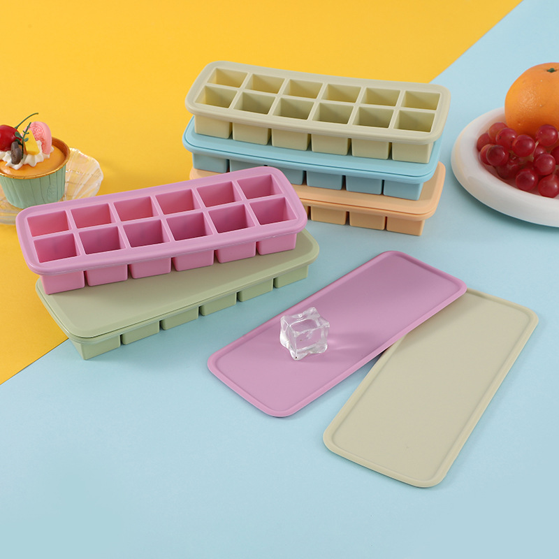 BUYUER 12-Cavity Square Silicone Ice Cube Tray (Pack of 4/6/12), Easy Release Soft Bottom Ice Mold with Self-Sealing Lid, BPA-Free for Ice, Cake, Pudding – Bulk for Home, Bar, or Café