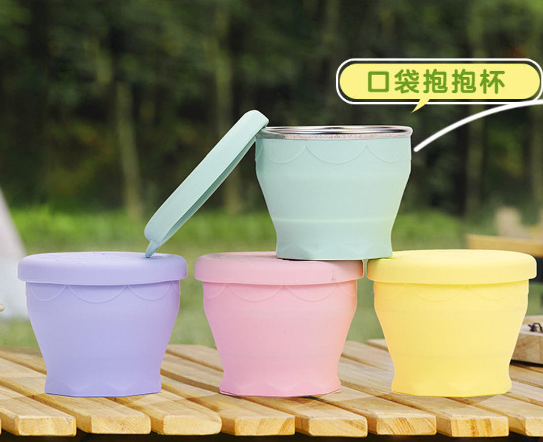 BUYUER Collapsible Silicone Cup 180ml – Portable Travel Cup with Press-To-Drink Lid, Food Grade Folding Cup for Outdoor Camping, Hiking & Daily Use – Leakproof Space Saving Cup for Hot/Cold Drinks (Sakura Pink)